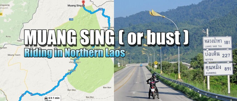 collage showing a map and a lady on a motorcycle for a trip report on Muang Sing, Laos