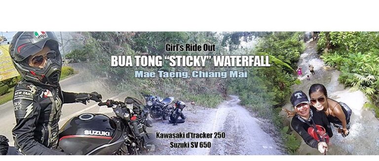 a female motorcycle rider on a Suzuki SV650 at Bua Tong Sticky Waterfall in Mae Taeng Chiang Mai, Thailand - motogirlthailand