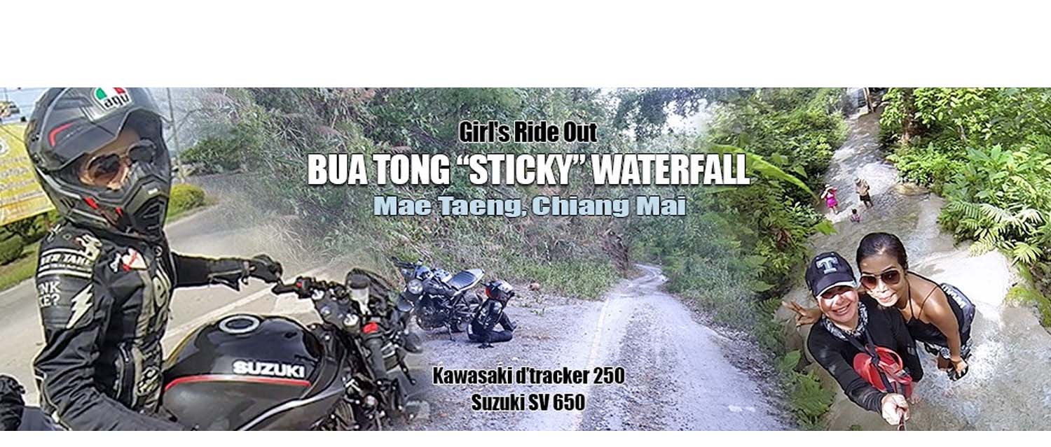 a female motorcycle rider on a Suzuki SV650 at Bua Tong Sticky Waterfall in Mae Taeng Chiang Mai, Thailand - motogirlthailand