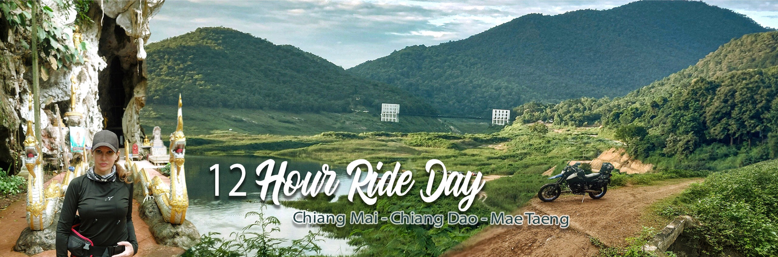 12 Hour Day Ride to Beautiful Muang Khong & Temples 5 a collage of a lady at a Thai temple with mountains and a motorcycle - motogirlthailand