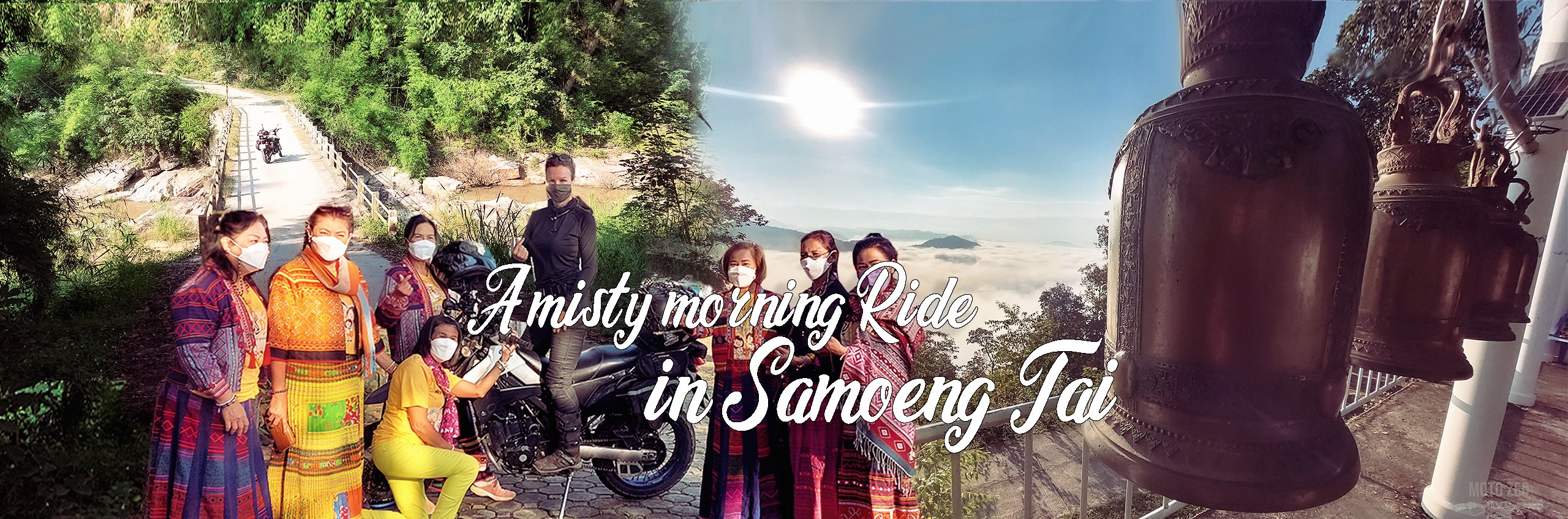 a collage with Thai ladies a motorcycle rider and temples motogirlthailand