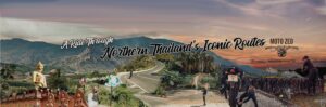collage of Northern Thailand attractions, including famous motorcycle roads, Buddhist temples and mountain viewpoints